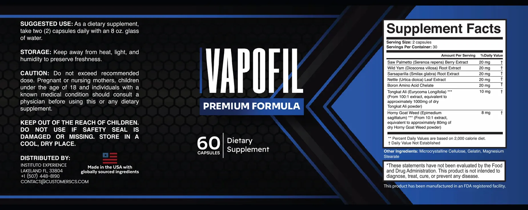 VapoFil Supplement Facts &mdash; full ingredient label